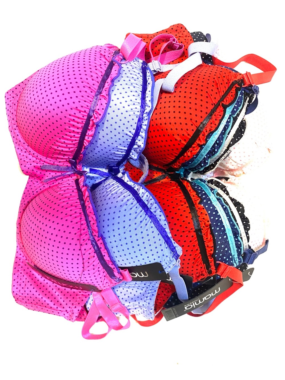 Momino Polka Dot Push-Up Bra Trio in Pink, Red, Light Blue, Black set of 6